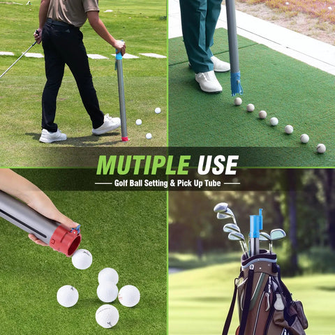 Lightweight Aluminum Golf Ball Picker Tube for Easy Ball Retrieval and Placement in various practice settings, displaying use.