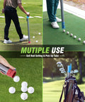 Dual Function Aluminum Golf Ball Retriever And Ball Setting Tube showing multiple uses on golf course and practice range