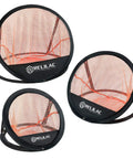 Pop Up Golf Chipping Practice Net Set For Indoor And Outdoor Use With 12 18 24 Inch Targets, three sizes folded and displayed