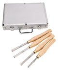 Kickbutt Four Piece Beading Lathe Chisel Set Featuring Rock Solid High Speed Steel Blades Naturally Finished Ash Handles and Smooth Half Round Profiles For Flawless Spindle Turning Jobs in a storage case.