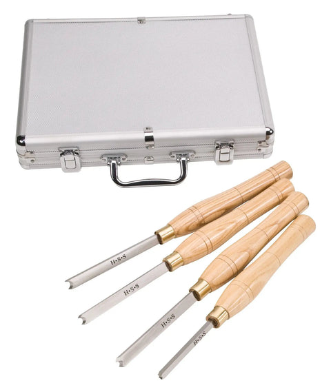 Kickbutt Four Piece Beading Lathe Chisel Set Featuring Rock Solid High Speed Steel Blades Naturally Finished Ash Handles and Smooth Half Round Profiles For Flawless Spindle Turning Jobs in a storage case.