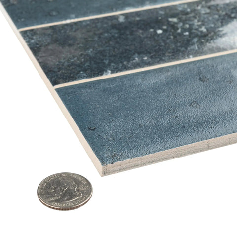 Brick Blue Porcelain Wall Tile For Bathroom Or Kitchen Backsplash Dope Brick Look With Textured Finish beside a coin for scale