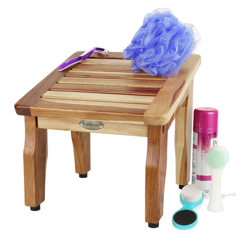 Teak Shower Stool For Shaving, 12 Inch Compact Foot Stool with shower accessories on top, showing nonslip design.