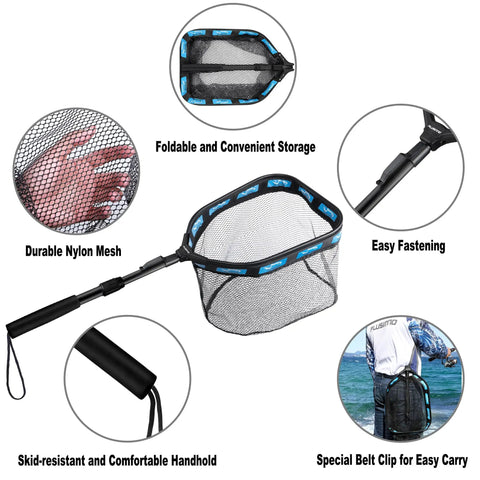 Floating Landing Net For Kayak Fishing With Rubber Coated Hoop And Foldable Telescopic Handle features various design highlights.