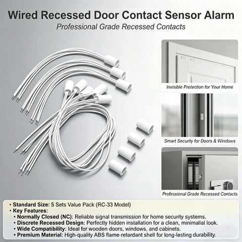 Real Deal Recessed Magnetic Door Contact Switch Tough As Nails NC Alarm Sensor For Wired Home Security Systems With Dead Simple Setup And Knucklehead Proof Detection, showing 5 sets of white wires and sensors.