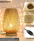 Dimmable Rattan Table Lamp With Boho Woven Shade And Bamboo Base Small Wicker Desk Lamp For Bedroom Living Room Nursery Kids Room Vintage Wooden Nightstand Light Inline Dimmer For Cozy Glow displaying size and material with lamp lit.