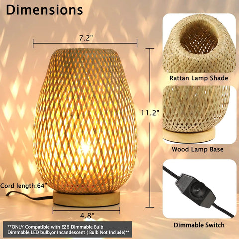 Dimmable Rattan Table Lamp With Boho Woven Shade And Bamboo Base Small Wicker Desk Lamp For Bedroom Living Room Nursery Kids Room Vintage Wooden Nightstand Light Inline Dimmer For Cozy Glow displaying size and material with lamp lit.