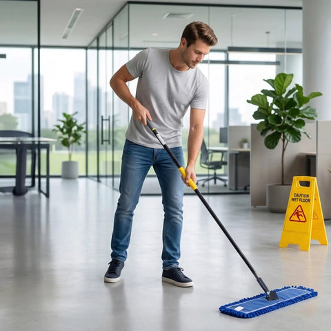 Heavy Duty 24 Inch Microfiber Dust Mop Kit With 61 Inch Extendable Handle And Two Quick Swap Pads For Top Shelf Floor Cleaning being used in an office.