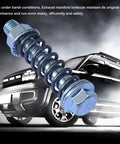 Premium Heavy Duty Car Exhaust Manifold Bolt Set, M10x1.5 header stud with seal in front of a vehicle, high-temperature use.