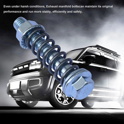 Premium Heavy Duty Car Exhaust Manifold Bolt Set, M10x1.5 header stud with seal in front of a vehicle, high-temperature use.