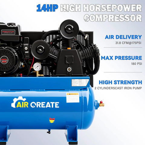 Get The 30 Gallon Gas Air Compressor With Powerful 14HP Engine And Electric Start. Delivering A Massive 31.8 CFM At 175 PSI Featuring A 420CC Motor And ASME Certified Tank For Heavy Duty Work