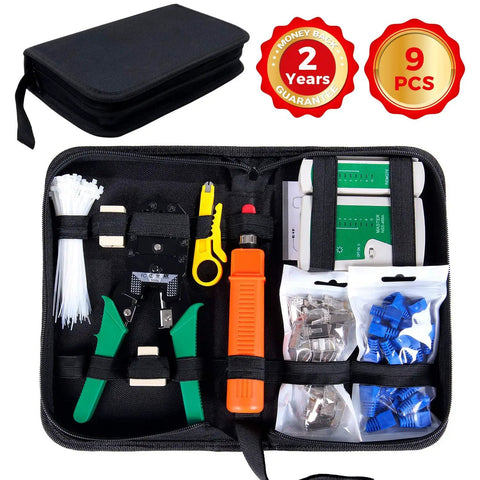 9 In 1 Portable Crimping Tool Kit for Network Cabling and Phone Lines with accessories in a zippered case