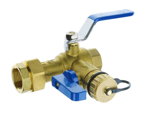 Front view of brass tankless water heater service valve kit with pressure relief valve 3/4-inch IPS isolator blue lever.