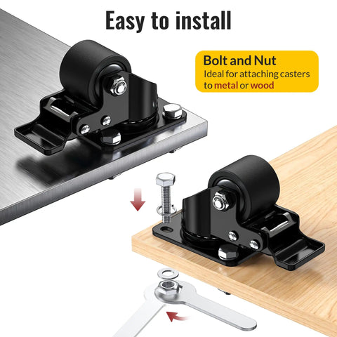 Easy to install Badass 2 Inch Low Profile Casters With Total Lock Brakes And Durable Nylon Wheels Heavy Duty 2200 Lb Capacity Per Set.