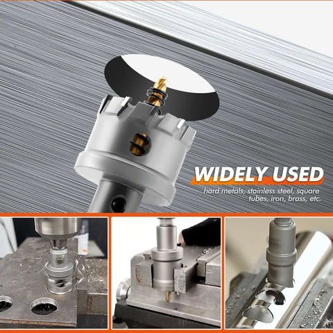 Carbide hole saw kit for metal, 16-piece tungsten carbide tipped set (5/8"–2-1/4"), Amazon brand; collage with hole saw in drill chuck.