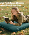 Woman reading on Self Inflating Sleeping Pad With Electric Pump For No Fuss Quick Setup 3.15 Inch Memory Foam Camping Pad R Value 9.5
