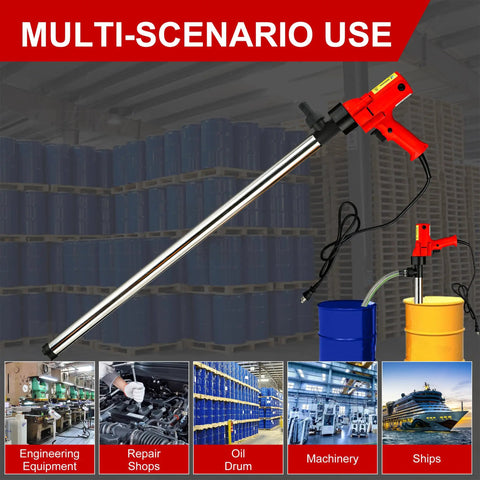 Heavy Duty 2480W Electric Drum Pump Cranks Out Rapid Fluid Moves With 36 Inch Stainless Steel Tube and 7 Foot Reinforced Hose in a warehouse setting.