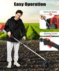 Person using Gas Powered Tiller Cultivator With 51.7Cc 2 Stroke Engine for lawn soil cultivation, showing hand-pull starter and controls.