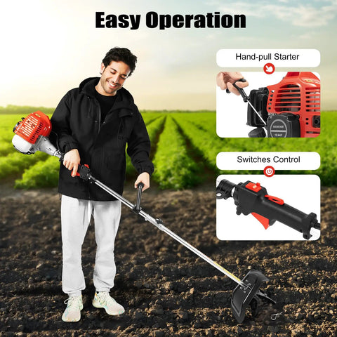 Person using Gas Powered Tiller Cultivator With 51.7Cc 2 Stroke Engine for lawn soil cultivation, showing hand-pull starter and controls.