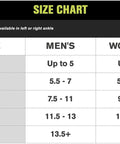 Size chart for Airsport Ankle Brace For Chronic Instability With Air Cell Support And Semi Rigid Shell, men's and women's sizes.