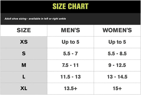 Size chart for Airsport Ankle Brace For Chronic Instability With Air Cell Support And Semi Rigid Shell, men's and women's sizes.