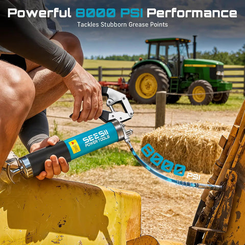 Beefy 8000 PSI Grease Gun Kit With Pistol Grip And 14oz Capacity in use on farm machinery, shown with flexible hose and coupler.