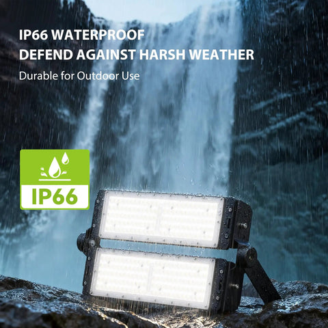 300W Outdoor LED Flood Light With 3 Adjustable Heads, IP66 Waterproof, shown under waterfall, security lighting for harsh weather
