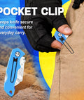 Pocket Ready Box Cutter With Clip, Quick Change Folding Utility Knife Set, shown in a pocket for easy carry