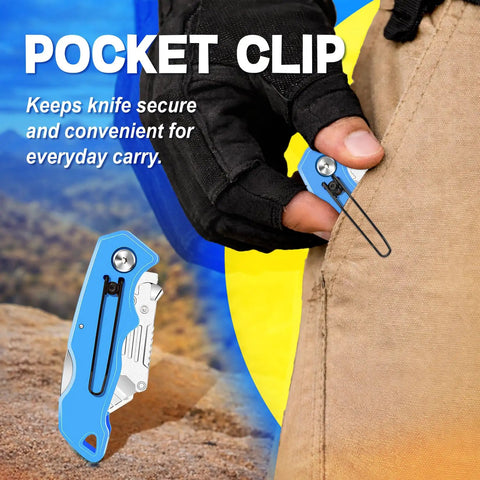 Pocket Ready Box Cutter With Clip, Quick Change Folding Utility Knife Set, shown in a pocket for easy carry