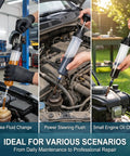Heavy Duty Manual Fluid Extractor Pump 200cc Oil Suction Syringe With Dual Tubing Set For No Sweat Brake And Power Steering Fluid Transfers in use for various car maintenance scenarios.