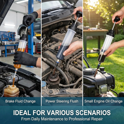 Heavy Duty Manual Fluid Extractor Pump 200cc Oil Suction Syringe With Dual Tubing Set For No Sweat Brake And Power Steering Fluid Transfers in use for various car maintenance scenarios.