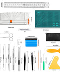 27 Piece Craft Weeding Tools Kit For Vinyl With Utility Knife Set And 12 Inch Paper Cutter Trimmer Great For Scrapbooking Silhouettes Cameos DIY Art Crafting Cutting Splicing Cardstock displayed with all components.