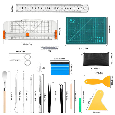 27 Piece Craft Weeding Tools Kit For Vinyl With Utility Knife Set And 12 Inch Paper Cutter Trimmer Great For Scrapbooking Silhouettes Cameos DIY Art Crafting Cutting Splicing Cardstock displayed with all components.