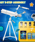 Beginner Friendly 80mm Refractor Telescope Kit for Adults and Kids displayed with parts and accessories, perfect for family astronomy nights.