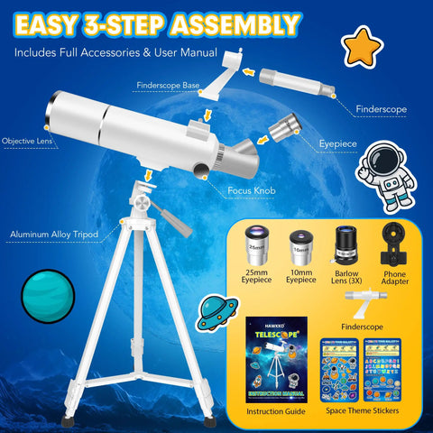 Beginner Friendly 80mm Refractor Telescope Kit for Adults and Kids displayed with parts and accessories, perfect for family astronomy nights.