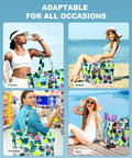 Collage of Extra Large Waterproof Beach Bag with Zipper and Wet Compartment. Ideal for fitness, beach, shopping, and pool use.