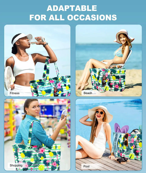 Collage of Extra Large Waterproof Beach Bag with Zipper and Wet Compartment. Ideal for fitness, beach, shopping, and pool use.