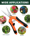 Three Pack Garden Pruning Shears Set With Stainless Steel Blades, orange gardening scissors with plants and fruits images.