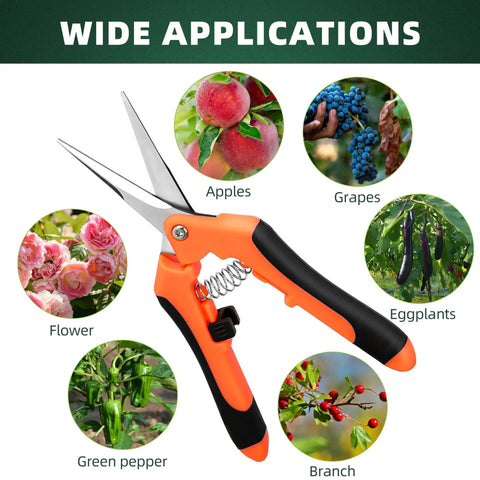 Three Pack Garden Pruning Shears Set With Stainless Steel Blades, orange gardening scissors with plants and fruits images.