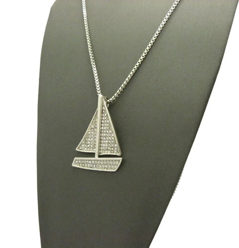 Iced Out Sailing Yacht Pendant Necklace With 24 Inch Chains In Silver Tone, 1.25 By 1.65 Inch Pendant, imitation silver plated