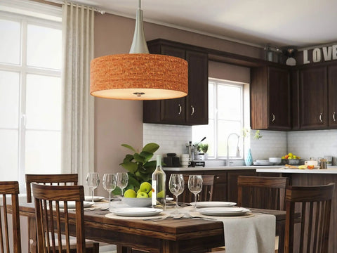 Bulletin 3 Light Pendant With Cork Shade In Brushed Steel Finish Delivers Modern Ambient Lighting Over Kitchen Dining Table