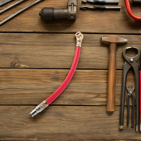 Top Rated Red Air Pump Hose Rubber Motorcycle Single Head Fits Electric Bike Car Tire Inflator Extension Replacement Tubing Colorful Design Adds Flavor To Tools Kit Durable Build Resists Wear And High PSI Performance Boost, red rubber air hose with metal fittings on wooden workbench