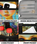 Insulated Picnic Backpack Lunch Box Tote pockets detail, including front zipper, inside mesh, and side bottle pockets