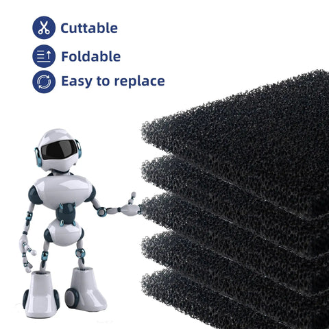 5 Pack Activated Carbon Solder Fume Absorber Filters, stack of foam with cuttable and foldable features, robot illustration