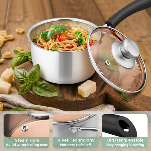1 Qt Stainless Steel Saucepan With Lid For Gas And Electric Stoves Camping And Travel Healthier Cooking, lid slightly open