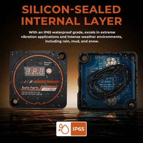 Road Ready 12 Volt Automatic Dual Battery Isolator Kit With 140 Amp Voltage Sense Relay Vsr showing waterproof display and silicon-sealed design.