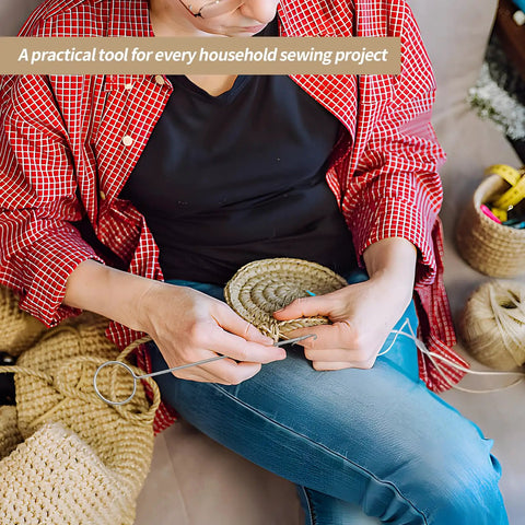 Person using 5Pcs Loop Turner Sewing Tool Kit 10.4 Inch Knot Gripper for crafting with woven basket.