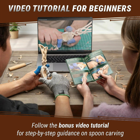 Two people using a Wood Spoon Carving Kit For Beginners Diy04 With Sloyd Knife And Hook Knife Basswood Blank Hands On Whittling Set For Adults And Kids Easy And Fun Spoon Making Tools For Home Projects And Hobbies, watching a video tutorial on a laptop.