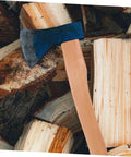 Beefy Beech Wood Axe Handle Replacement 10 Piece with stainless steel wedges on chopped firewood, perfect for splitting