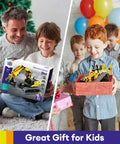 Front view: LECPOP 5-in-1 STEM robotics kit box with 430 pieces; side view: kid with red gift box and yellow excavator model